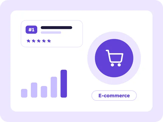 Illustration for E-commerce: a e-commerce icon, a number one ranking card and a growing chart