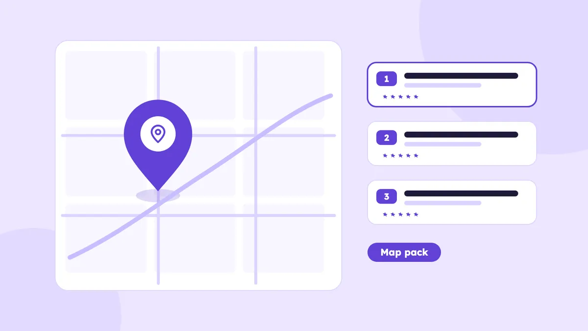 A map with a pin and three ranked business listings
