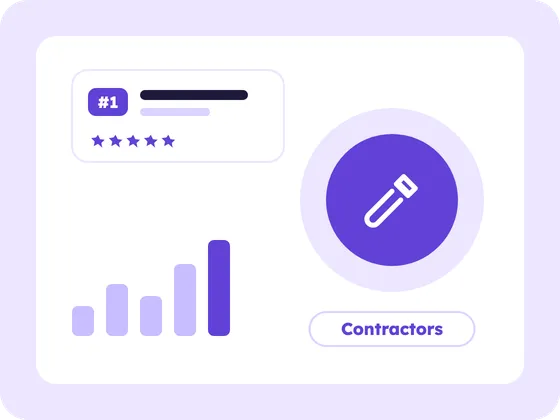 Illustration for Contractors: a contractors icon, a number one ranking card and a growing chart